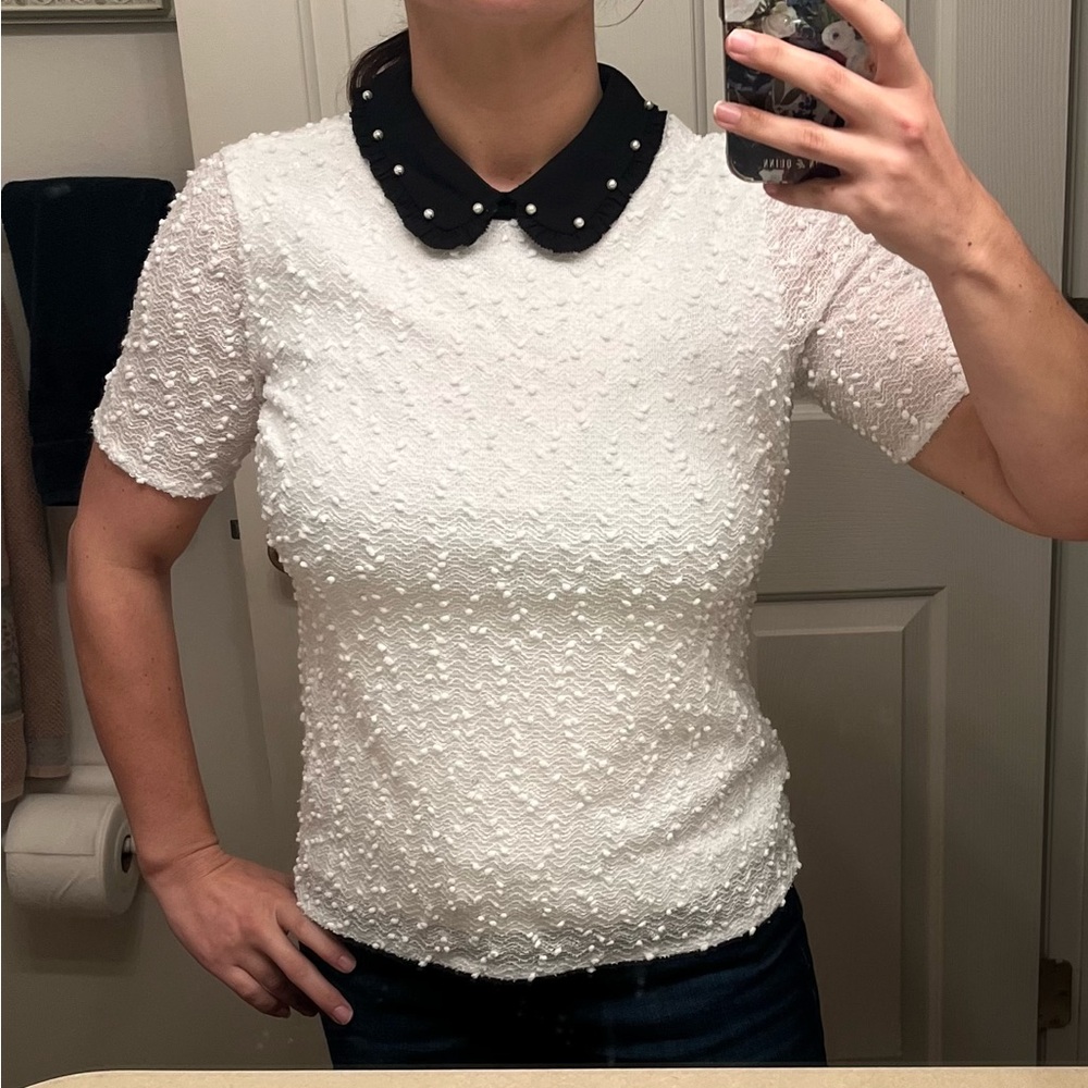 Elle Classic Black Collar White Short Sleeve Top - S